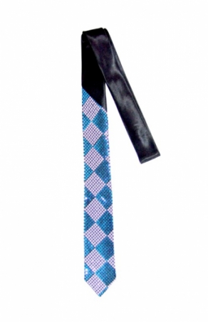 Úzka kravata s flitrami 145 cm, šachovnicový vzor, modrá farba